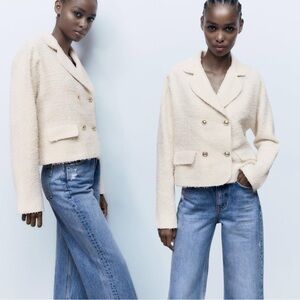 Zara Textured Tweed Double-Breasted Blazer in Ivory Cream Size Small NWT